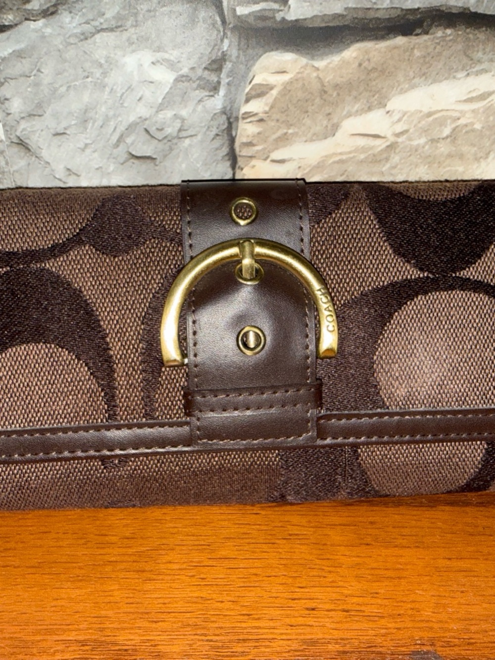 Coach Brown Signature Canvas Wallet with Gold Buckle